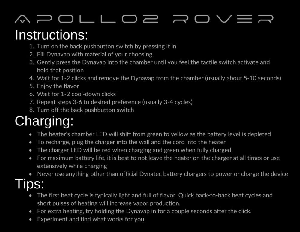DynaVap DynaTec Apollo 2 Rover Induction Heater Front Side Instructions